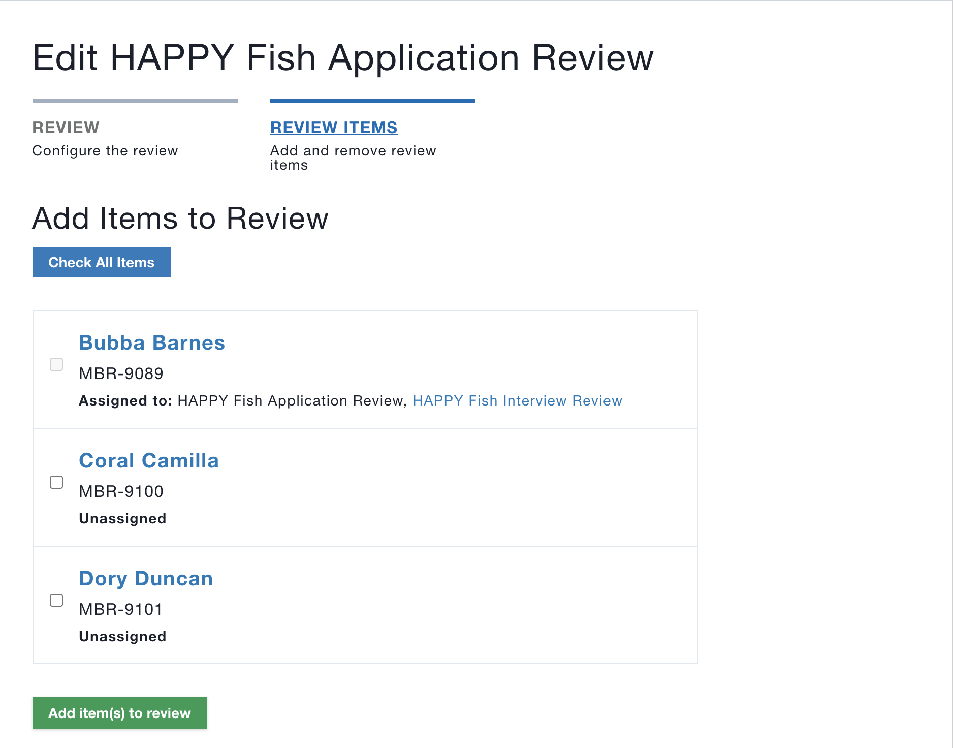 Screen shot of a sample "Add Items to Review" page.